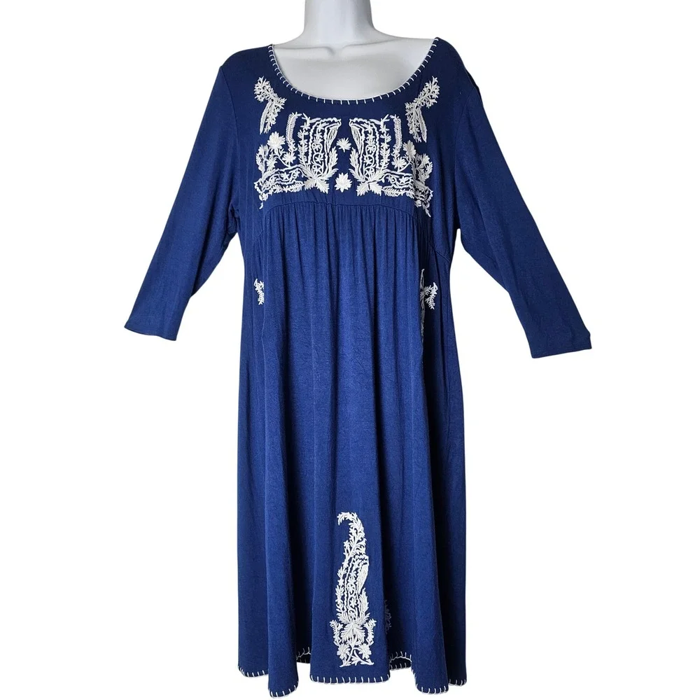 Chelsea Theodore Embroidered Blue Dress XL 3/4 Sleeve Empire Waist Boho Flowy - Picture 1 of 11